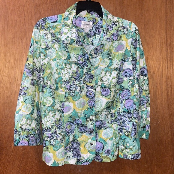 •CHRISTOPHER&BANKS•BLUE & GREEN SCALLOPED HEM 3/4 SLEEVE BUTTON UP BLAZER LARGE - Picture 3 of 7